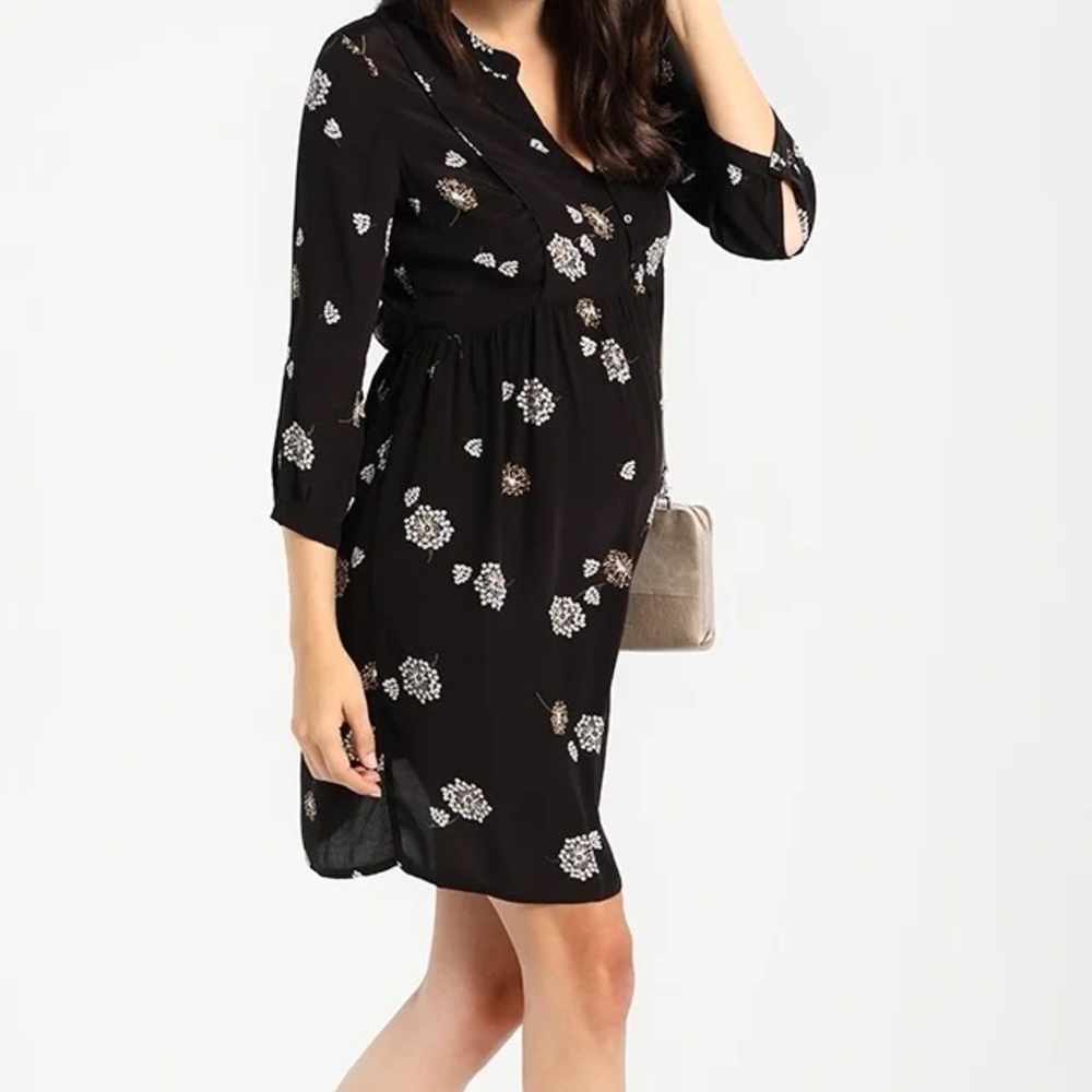Seraphine Sz 8 Black Floral Maternity Post Partum Long Sleeves Black Dress